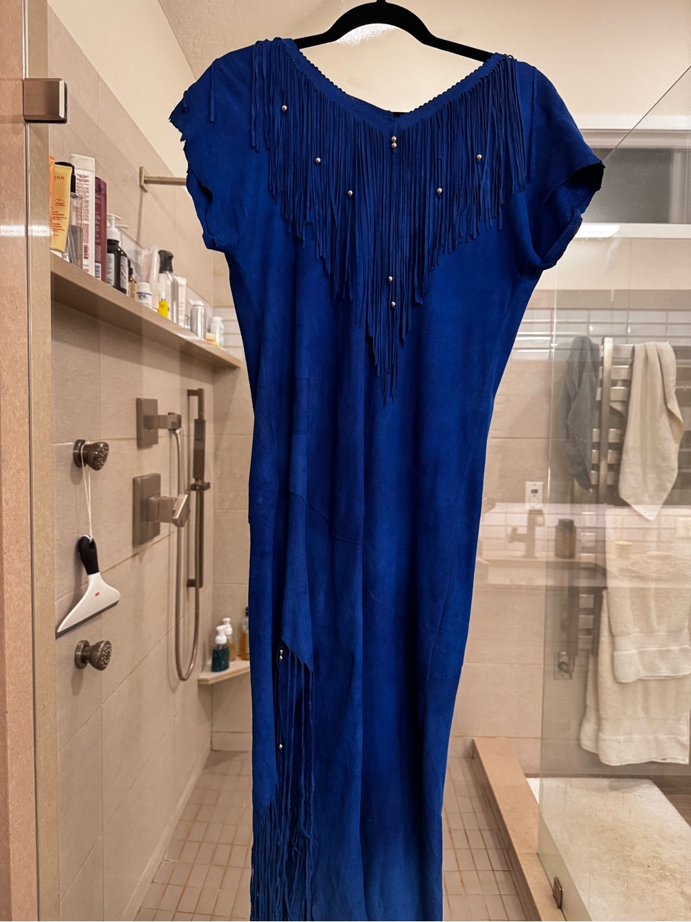 Royal Blue Midi Dress genuine suede with Fringe Trim